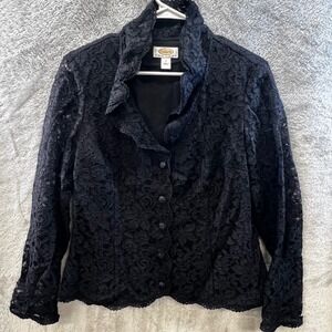 Talbots Petites 12P Black Floral Lace Button Up Ruffle Collar Gothic Victorian
